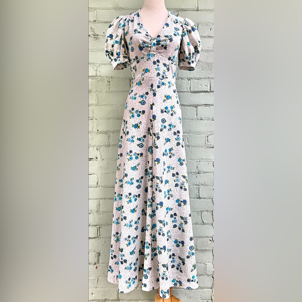 Vintage 60s Floral Maxi Dress with Empire Waist and Puff Sleeves